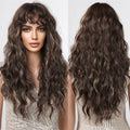 Wigs Wholesale Dark Brown Long Curly Synthetic Wig Deep Wave Hair Wigs with Wavy Bangs for Women Daily Heat Resistant Fibre