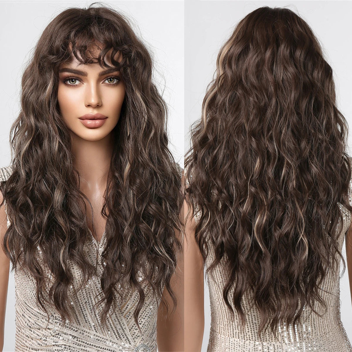 Wigs Wholesale Dark Brown Long Curly Synthetic Wig Deep Wave Hair Wigs with Wavy Bangs for Women Daily Heat Resistant Fibre