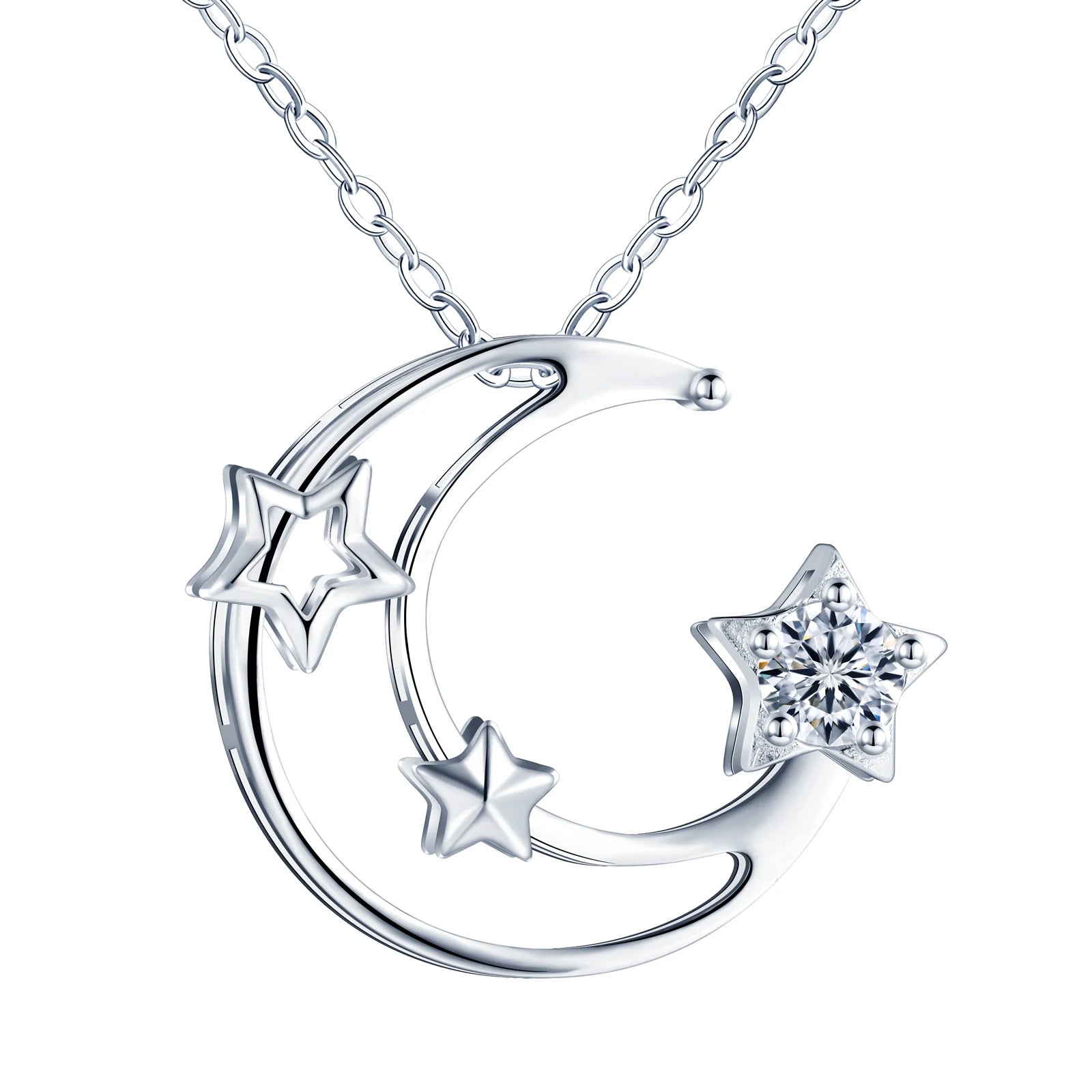Fine Jewelry Grade D 0.5Ct Moissanite Diamond Jewelry 925 Sterling Silver Shake Moissanite Moon and Star Pendant Necklace Women