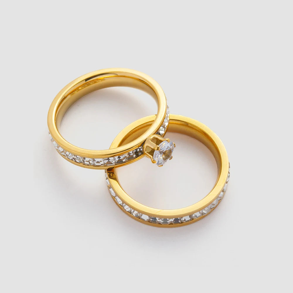 Dainty 18K Gold Plated Stainless Steel Zircon Rings Minimalist Waterproof Finger Rings Wedding Jewelry for Women YF2847
