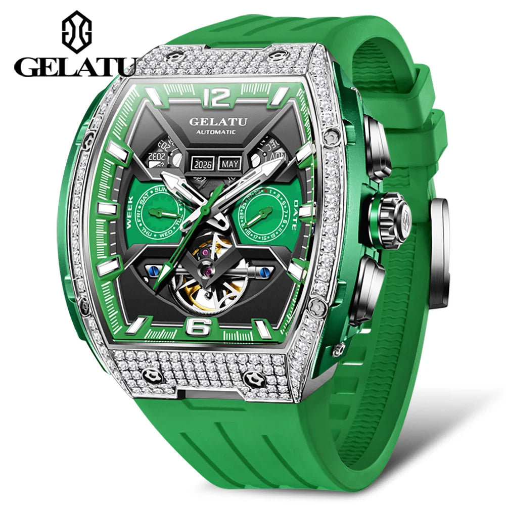 GELATU 6016 Men's New Automatic Round Stainless Steel Sapphire Watch Diamond Fashion Sports Clock with Glass Dial Window