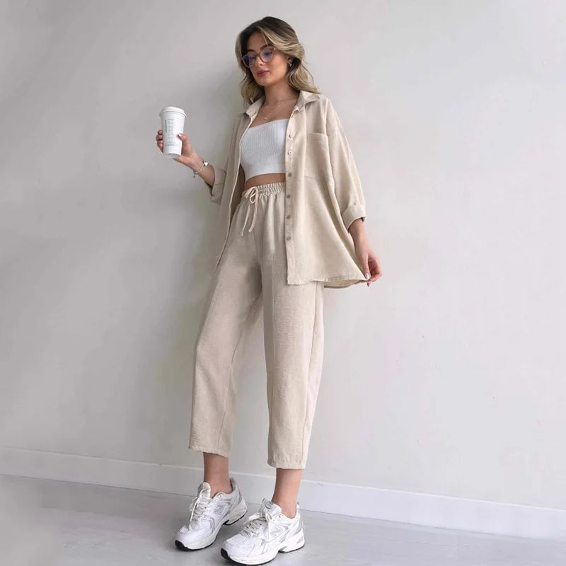 2025 New Casual Loose Fit Shirt Coat Sports Pants Two Piece Set