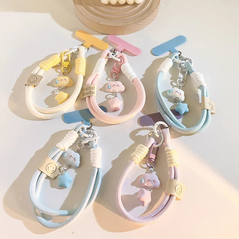 Trend White Silent Cloud Star Pendant Mobile Lanyard Durable Nylon Key Chain and Camera Strap Universal Phone Case Accessory