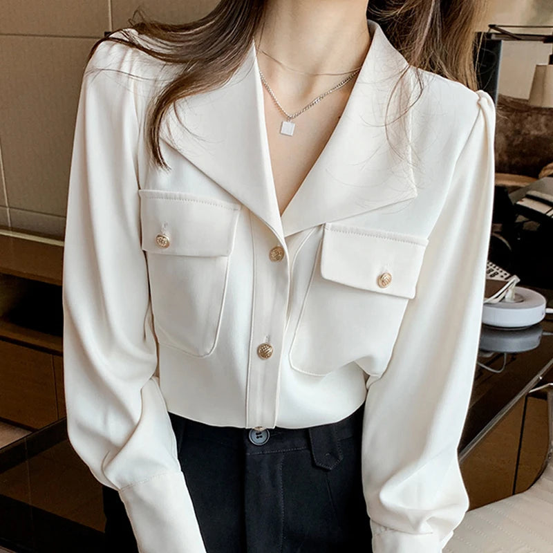Long Sleeve Solid Summer Women's Office Blouse Turn-down Collar Chiffon Shirt Top 8122
