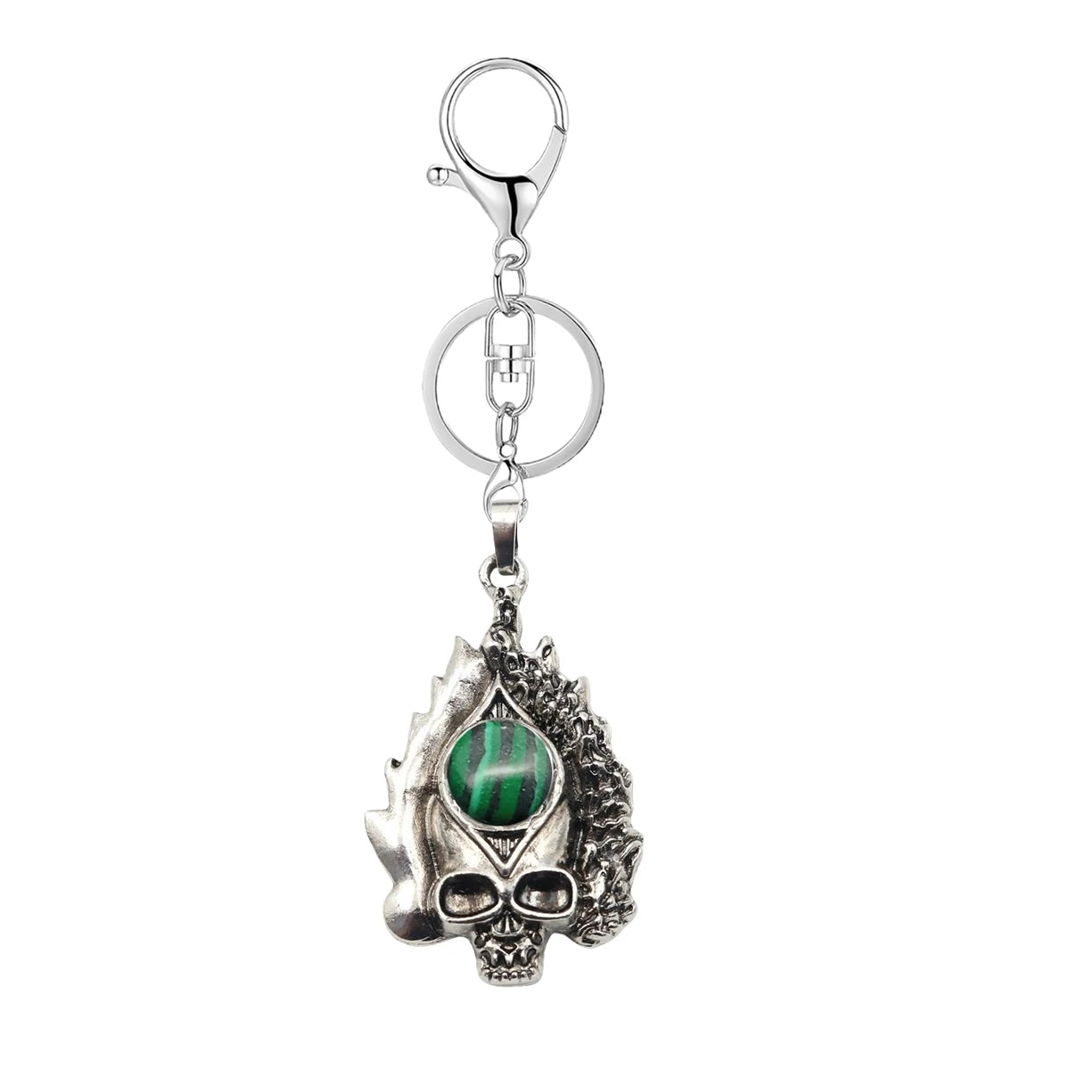 Wholesale Ghost Head Shape Keychains for Men Vintage Personalized Keychain with Natural Malachite Gemstone