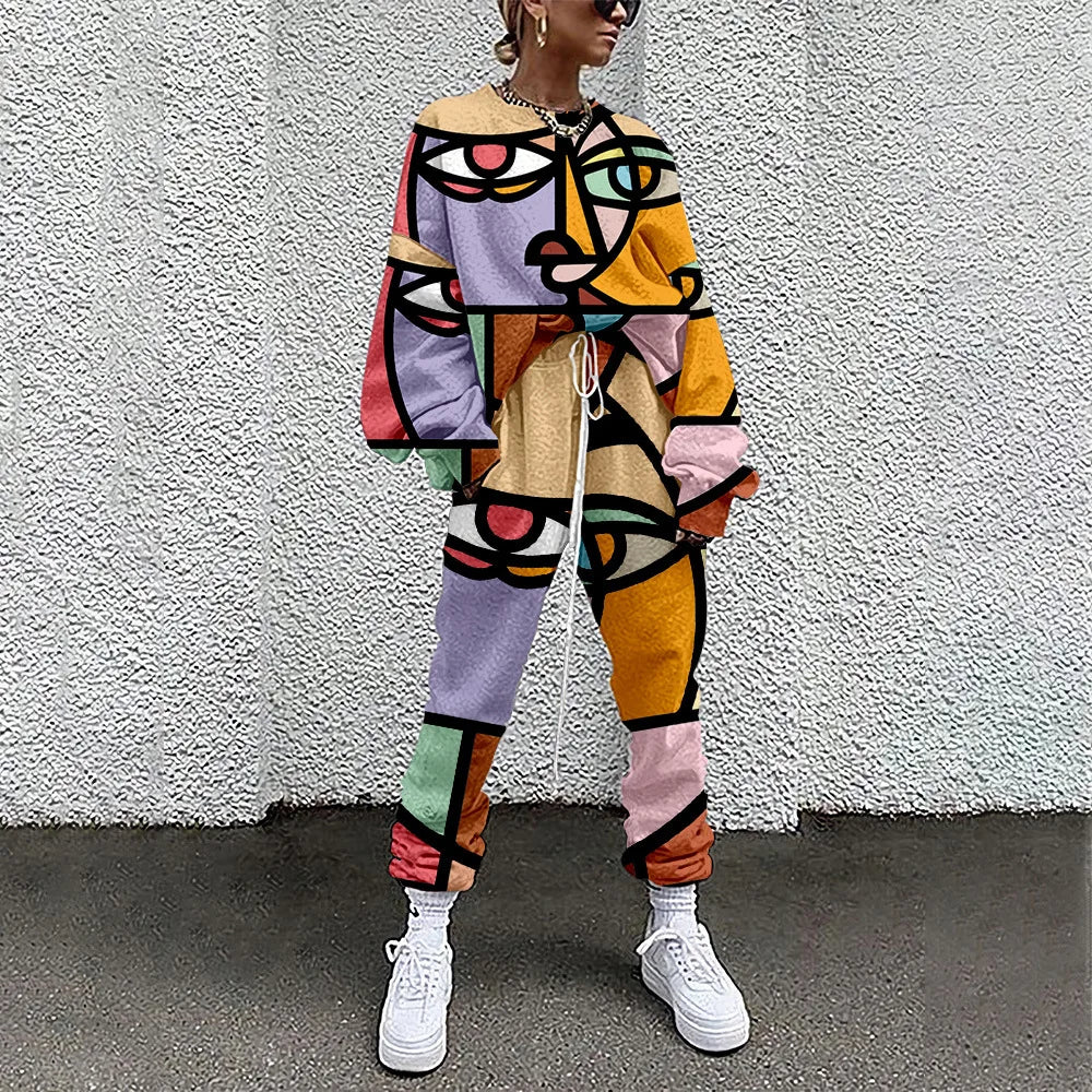 Abstract Pattern Print Women 2 Piece Sets Pullovers Autumn Tracksuit Women Sportswear Elastic Waist Pants Casual Loose Tops