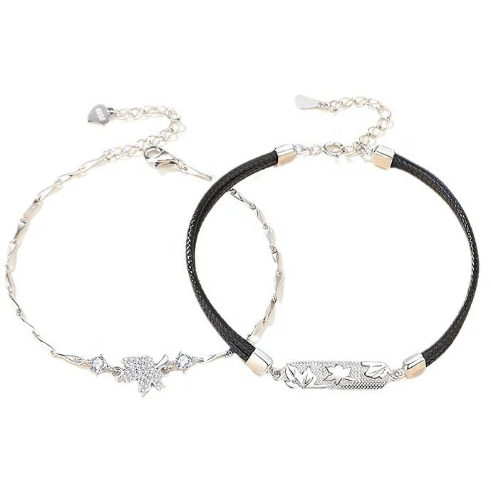 925 Silver Maple Leaf Couple Bracelet - Stylish Minimalist Design Suitable for Parties and Wedding Gifts