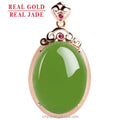 Certified Grade a Spinach Green Hotan Jade Green Egg Shaped 18K Rose Gold Natural Jade Pendant Necklace for Women