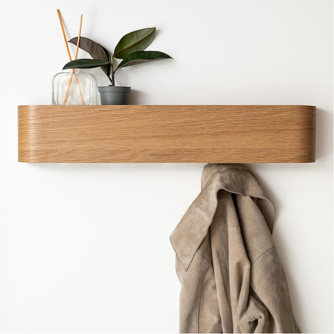 Wall-Mounted Coat Rack with 9 Hooks - Modern Design Coat Rack with Hidden Wall Hooks - Solid Wood Veneer Panel Coat Hanger Oak