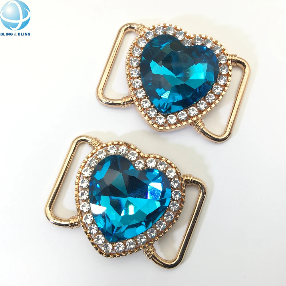 New Trend Heart Bikini Buckle with Blue Rhinestone AB Color Crystal Customize Bikini Connector for Women Swimsuit
