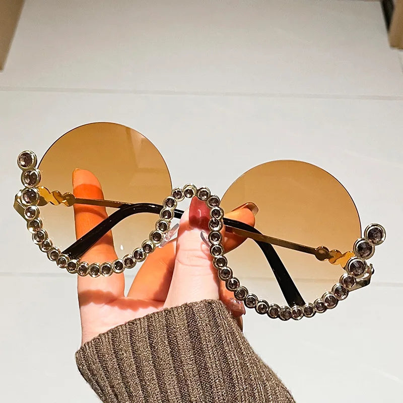 2026 Custom Logo New Round Half Frame Fashionable Exaggerated Street Photography Personalized Large Diamond Rose Gold Sunglasses