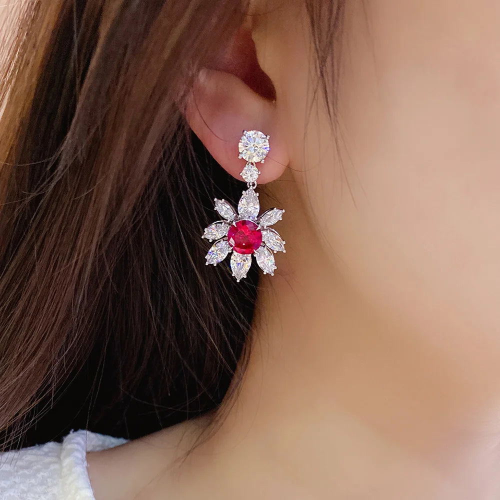 Hot Selling Trendy Big Flower Red Corundum Gemstone 925 Sterling Silver Minimalist Earrings