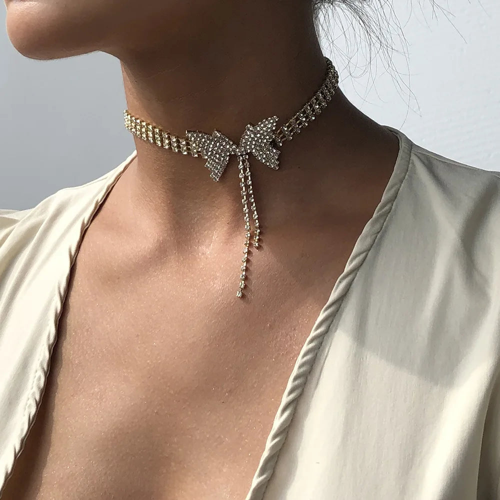 Fashion Luxury Bling Diamond butterfly Necklace Choker Statement Bow Tassel Chains Link Chain Gold Plated Unisex