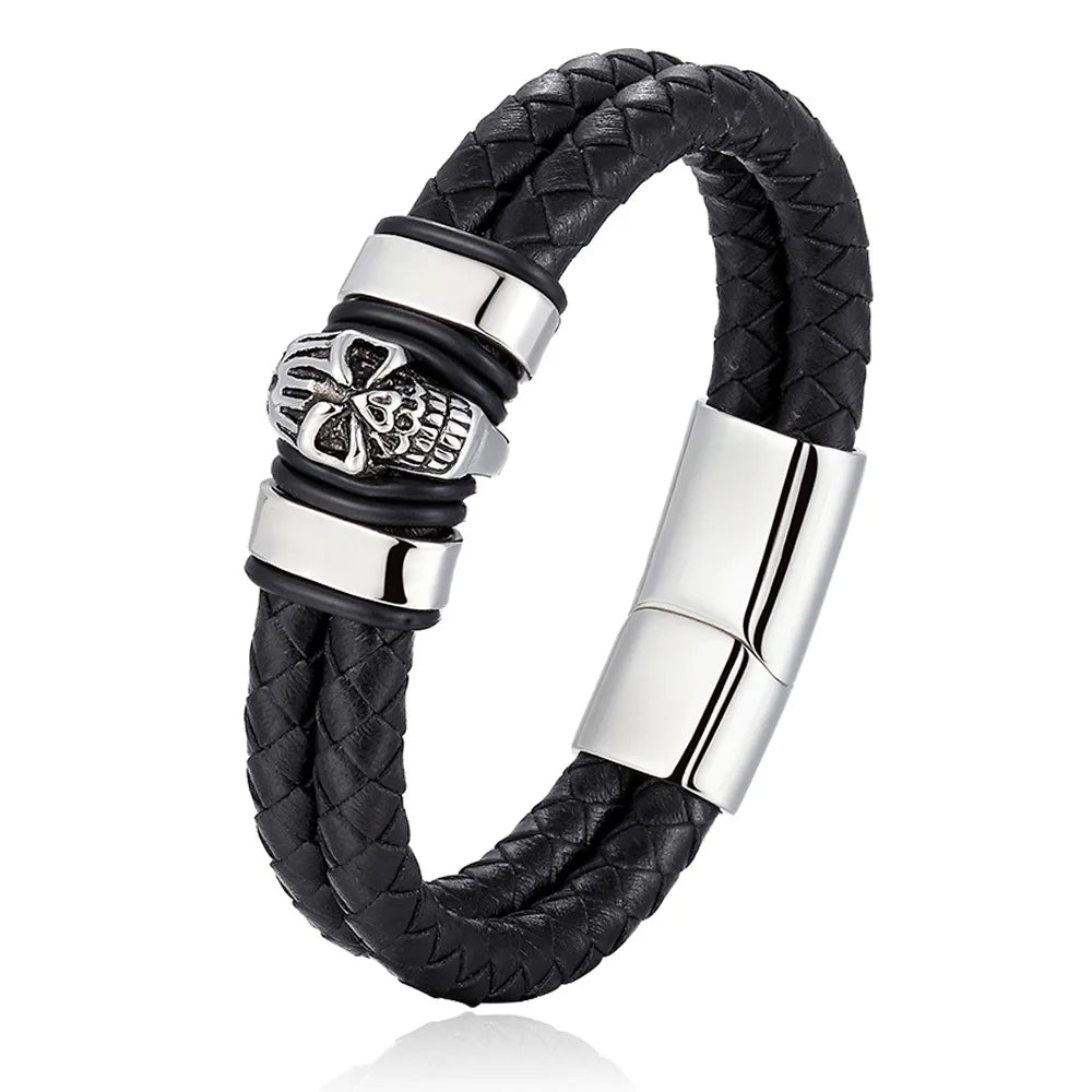 Wholesale Black Silver Stainless Steel Genuine Leather Metal Skulls Bracelets With Magnetic Clasp Buckle for Men Gift Jewelry