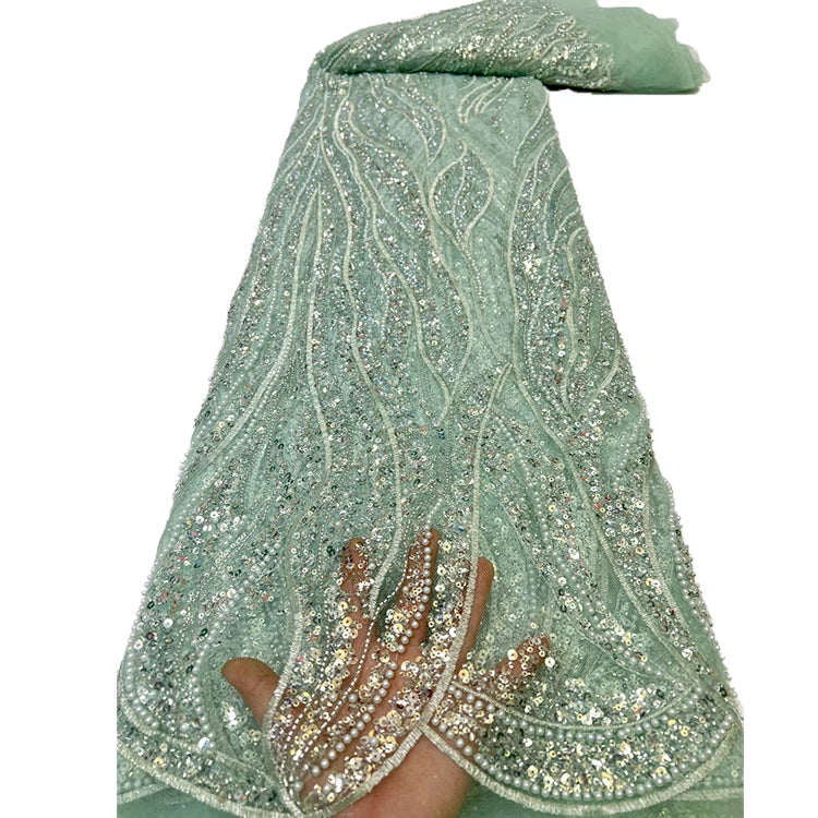 Hot Selling Beaded Tulle Laces Material Women African French Sequin Beaded Lace Fabric With Pearls