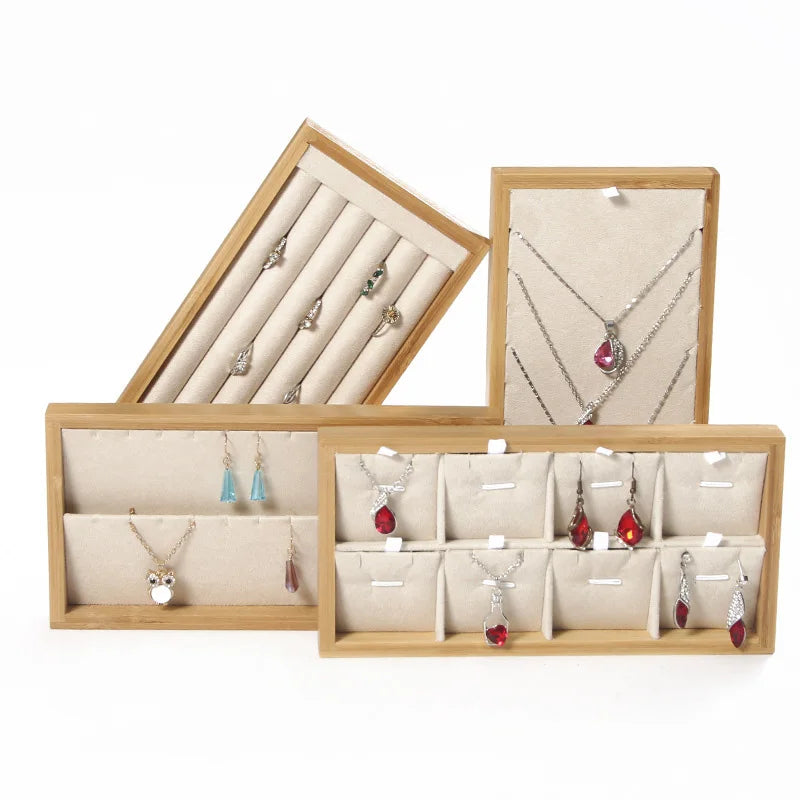 Natural Bamboo Solid Wood Jewelry Display Tray Necklace  Bracelet Rack Ring Earrings Storage Box Wholesale