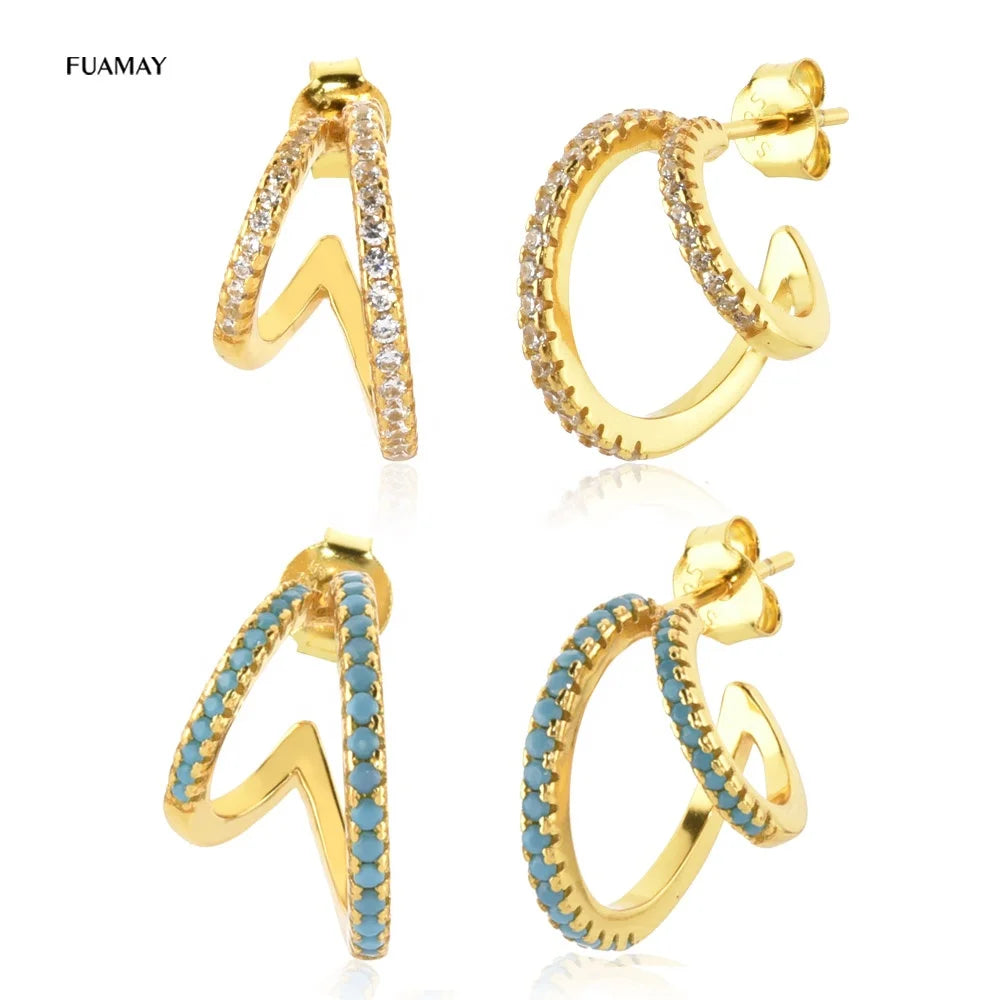 FUAMAY Joyas De Plata 925 Silver Plate Pendientes Mujer Turquoise CZ Diamond Dual Double Hoop Earring