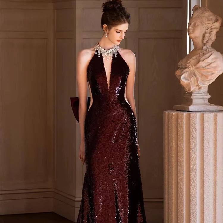 Sequin Banquet Graduation Wedding Party Temperament Halter Neck Prom Dress Fishtail Evening Dresses