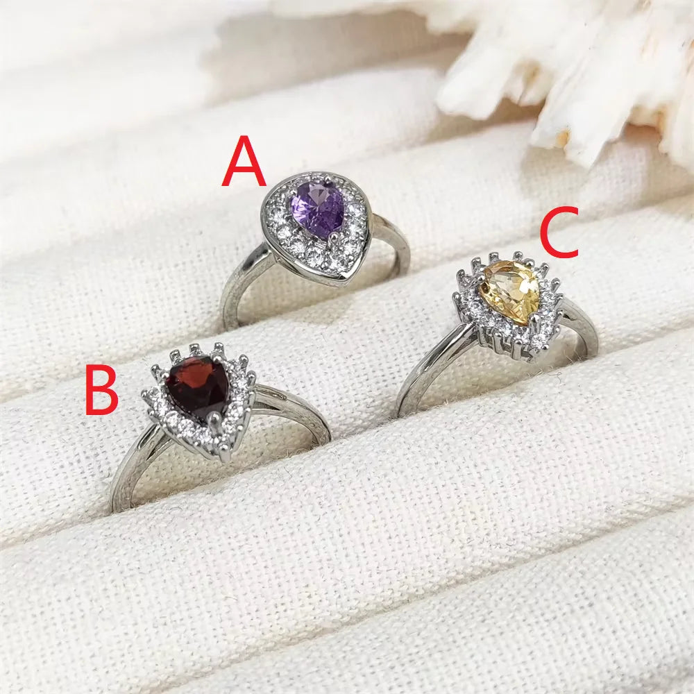Healing Gemstone Shiny Faceted Cut Crystal CZ Paved Silver Resizable Rings Natural Amethyst Garnet Citrine Ring for Engagement