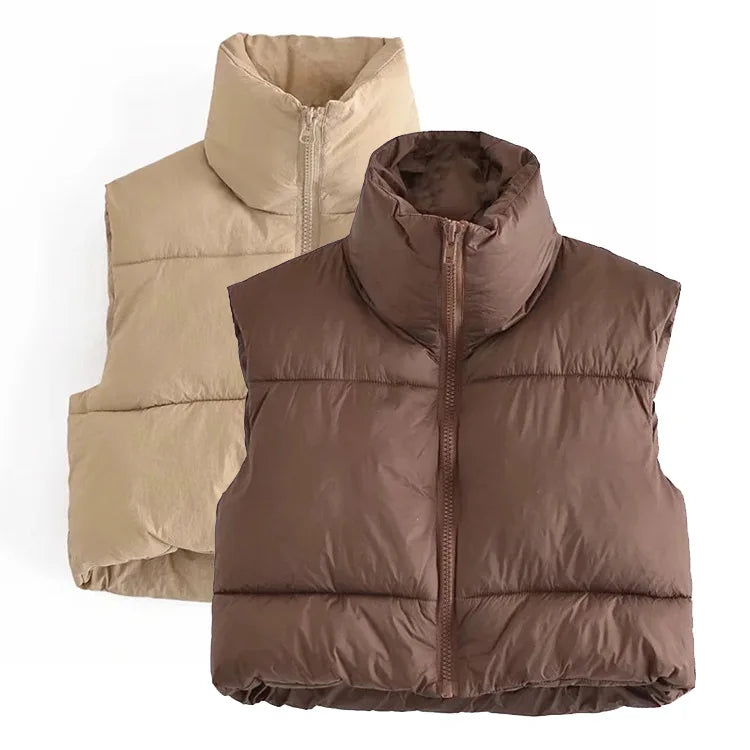 Hot Sale Fashionable Brown Lightweight Warm Tank Top for Women Short Crop Top Padding Vest Soft Puff Sleeves Zipper for Cold