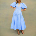 2022 Wholesale Woman Casual Long Dress Lantern Sleeve V Neck Plus Size Pleated Bridesmaid Maxi Solid Plain Dyed Natural Autumn