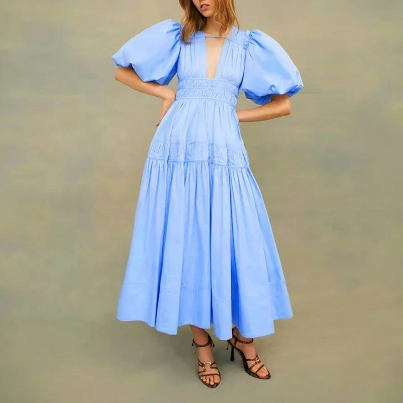 2022 Wholesale Woman Casual Long Dress Lantern Sleeve V Neck Plus Size Pleated Bridesmaid Maxi Solid Plain Dyed Natural Autumn