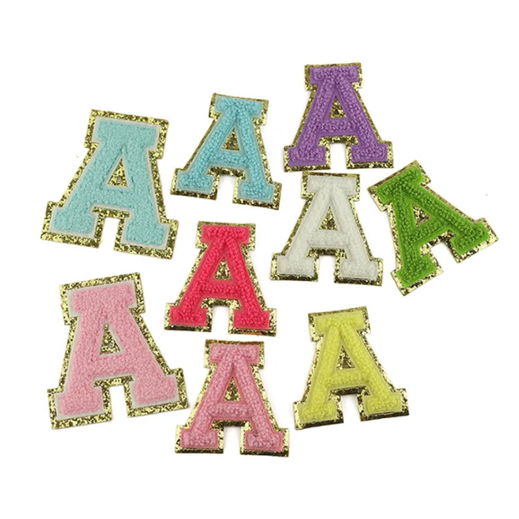 Multi-Color 5.5cm 6.5cm 8cm Golden Glitter Iron on Self-Adhesive Chenille Alphabet Letter Patches for Clothing Hats Bags