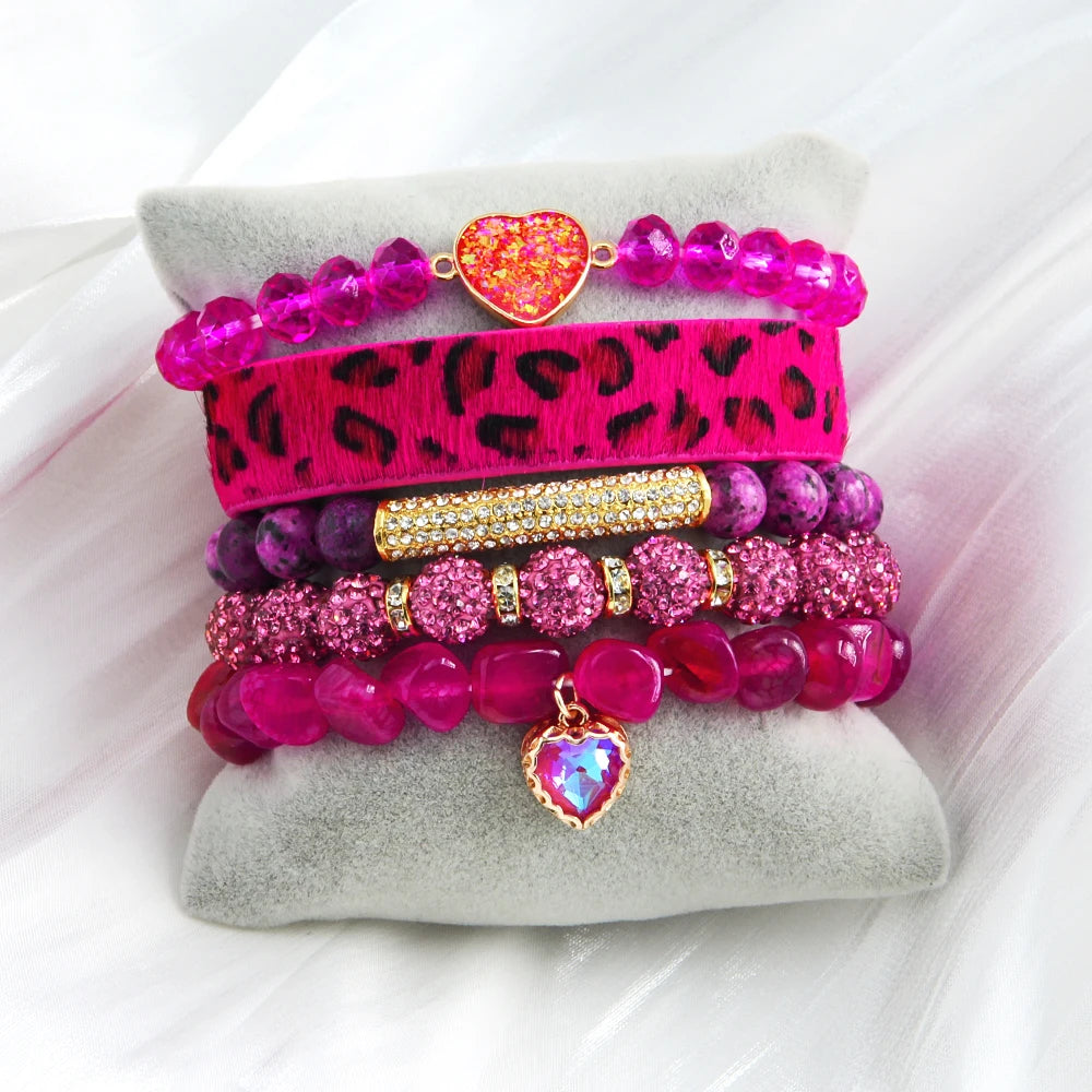 Vintage Women 5pcs Natural Stone Glass Elastic Valentine Bracelet Heart Leopard Horsehair Artificial Leather Stack Bracelet Set