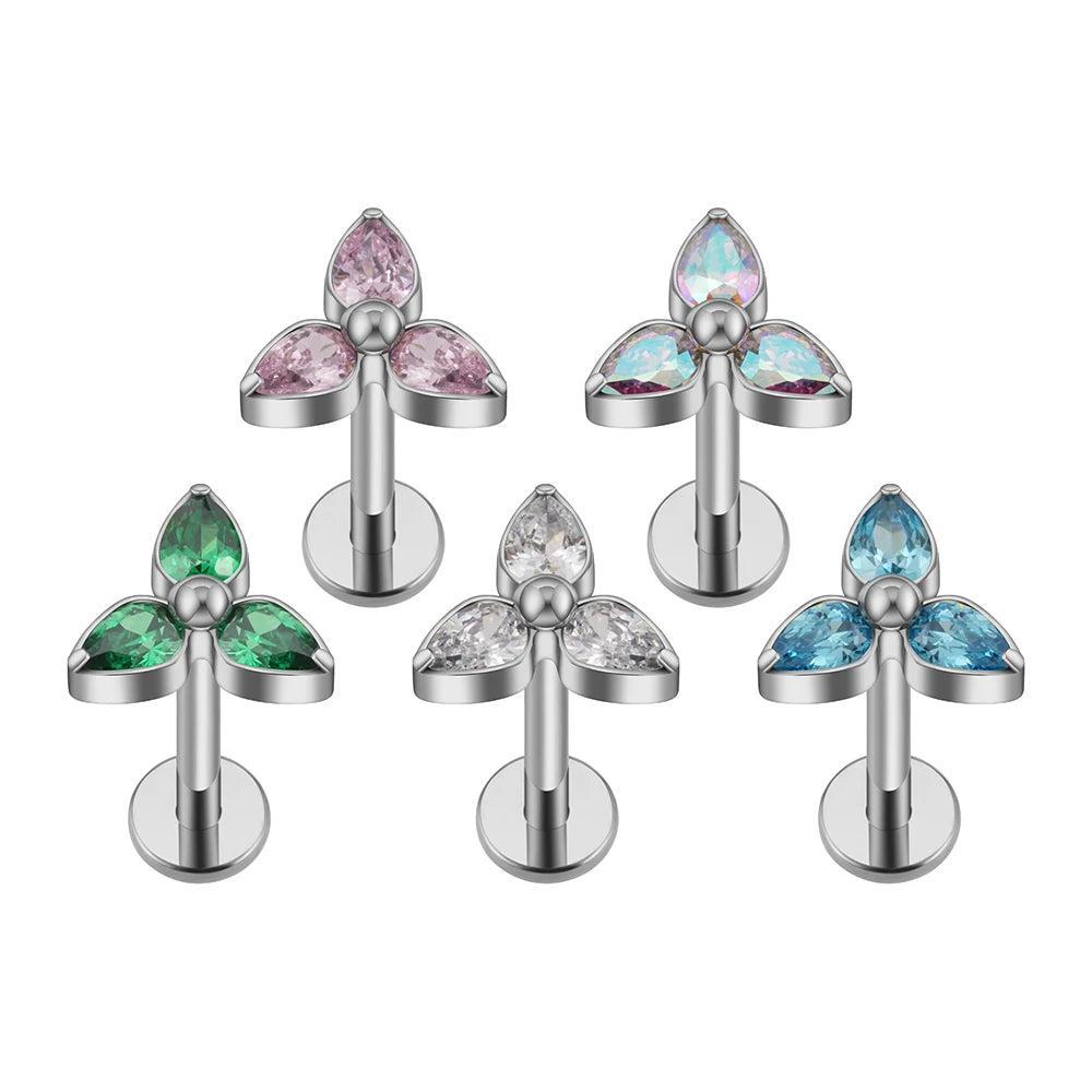Right Grand 3 Petal Flowers Teardrop CZ ASTM F136 Titanium Ear Tragus Cartilage Helix Labret Piercing