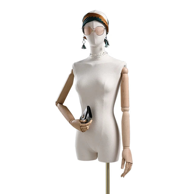 Fashion Window Display Female Mannequin Upper Body Fabric Covered Female Mannequin Half Body Torso Mannequin With Wooden Arm