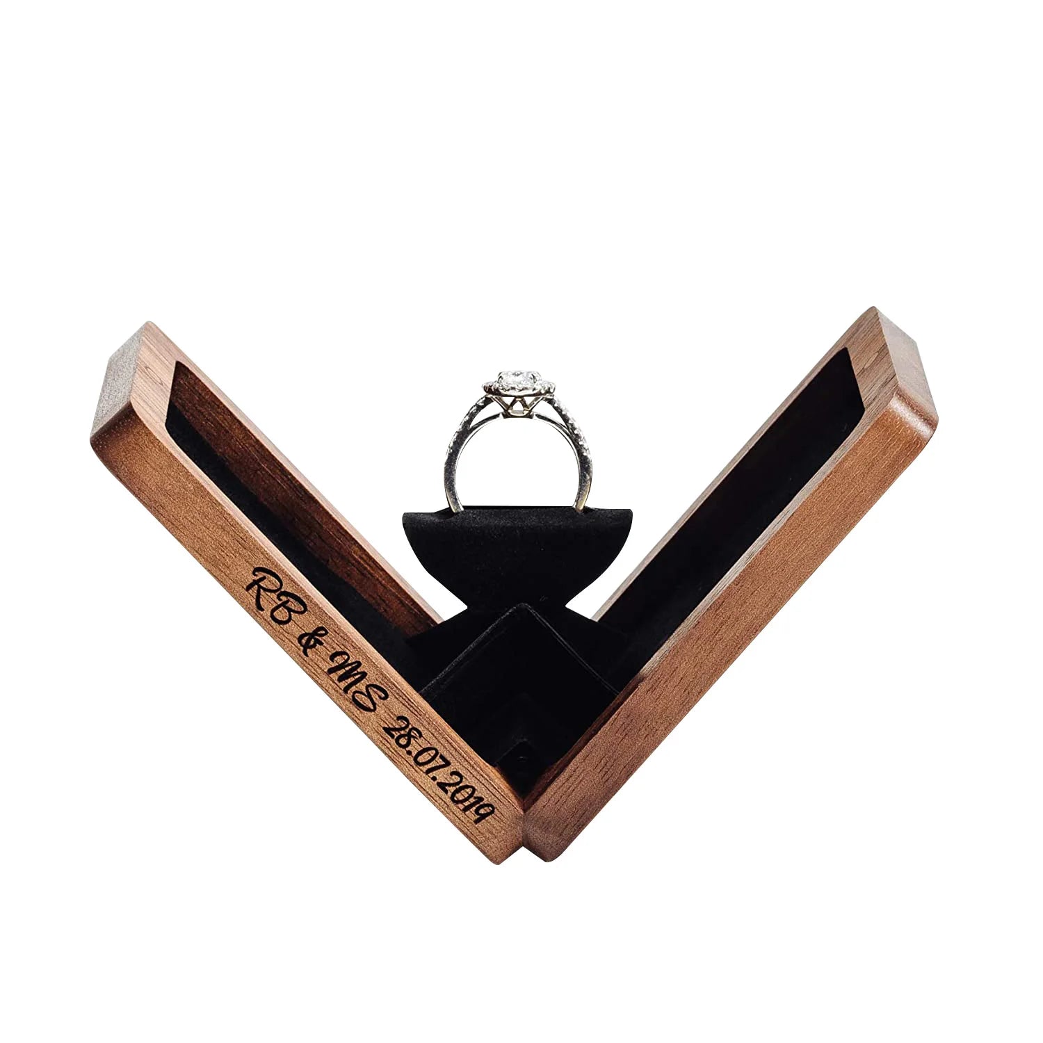 Wooden Wedding Velvet Ring Box Small Thin Flat Ring Box for Marriage Proposal Wedding