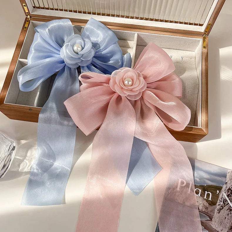 CELIAY Women Fashion Accessories Shiny Flower Chiffon Fabric Long Ribbon Bow Hair Clip with Pearl