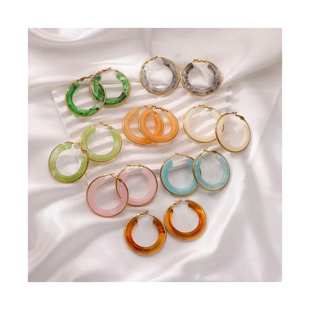 40mm C Shape Boho Tortoise Resin Stainless Steel Earrings Bohemia Statement Acrylic Hoop Earrings for Women
