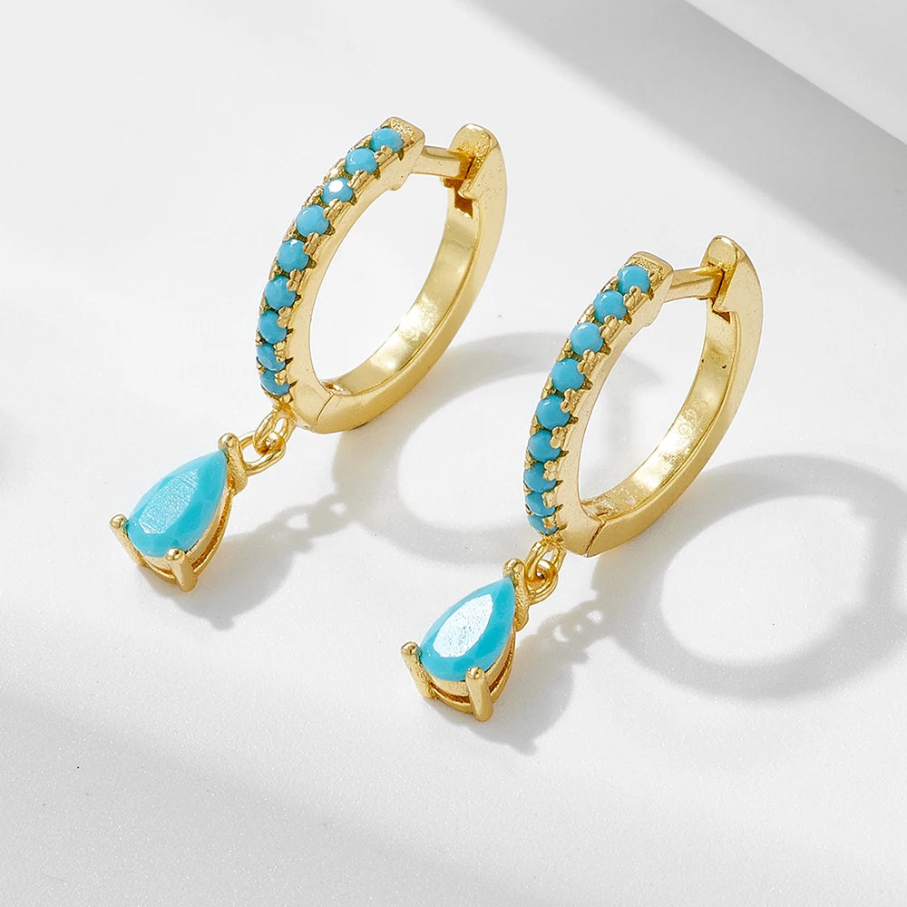 Hot Selling 925 Sterling Silver Jewelry Water Drop Earrings Wholesale Fashion Personality Turquoise Stone Hoop Earrings