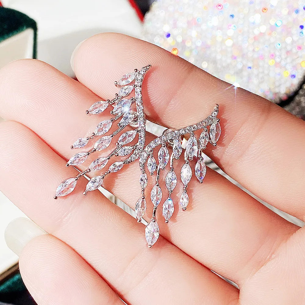 Huitan Korean 2026 Fashion Feather CZ Women Trendy Elegant Earrings 3A Cubic Zirconia Jewelry Wing Shaped Crystal Earring