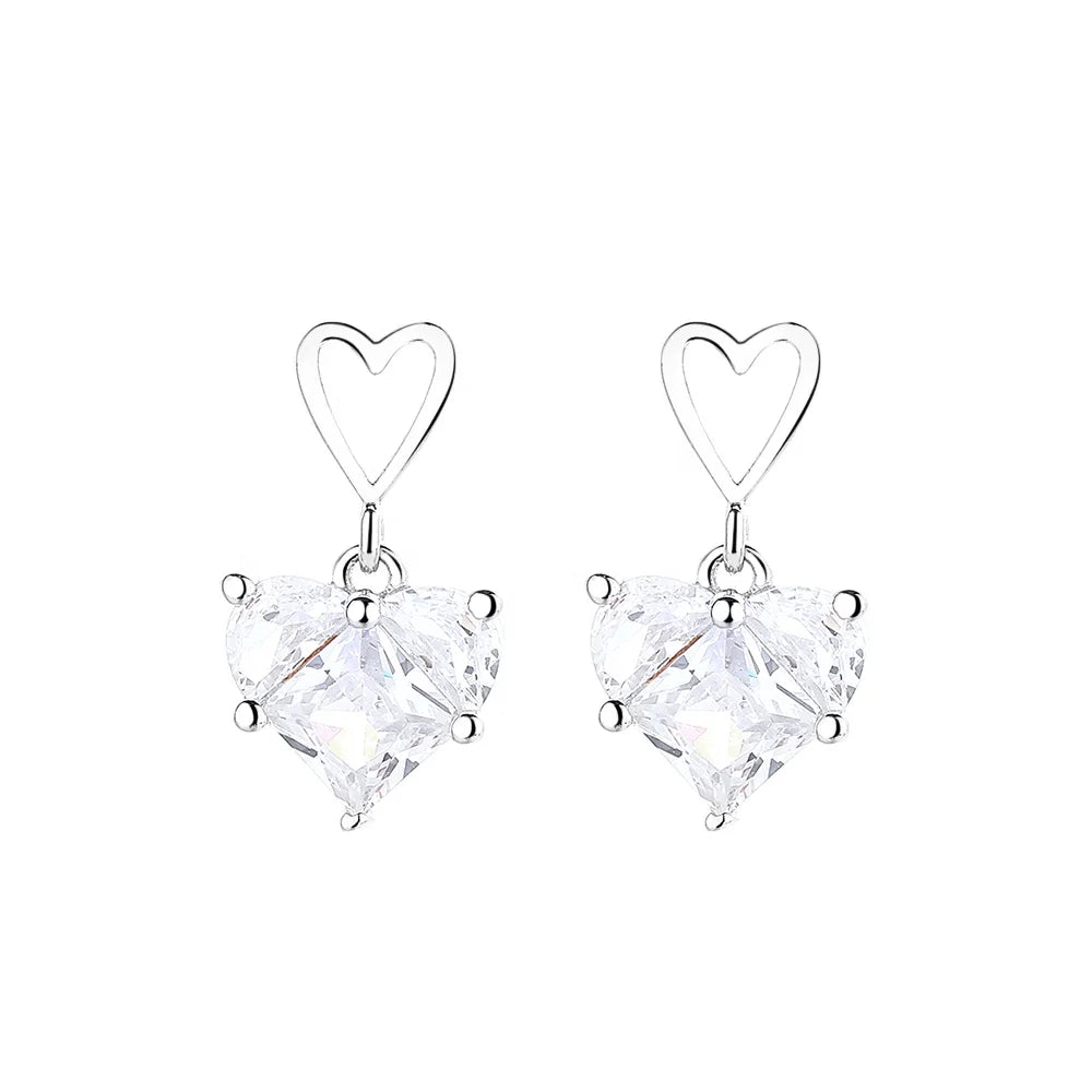 Diamond Heart Charm Stud Dangle Earrings in Sterling Silver 925 for Women Gift