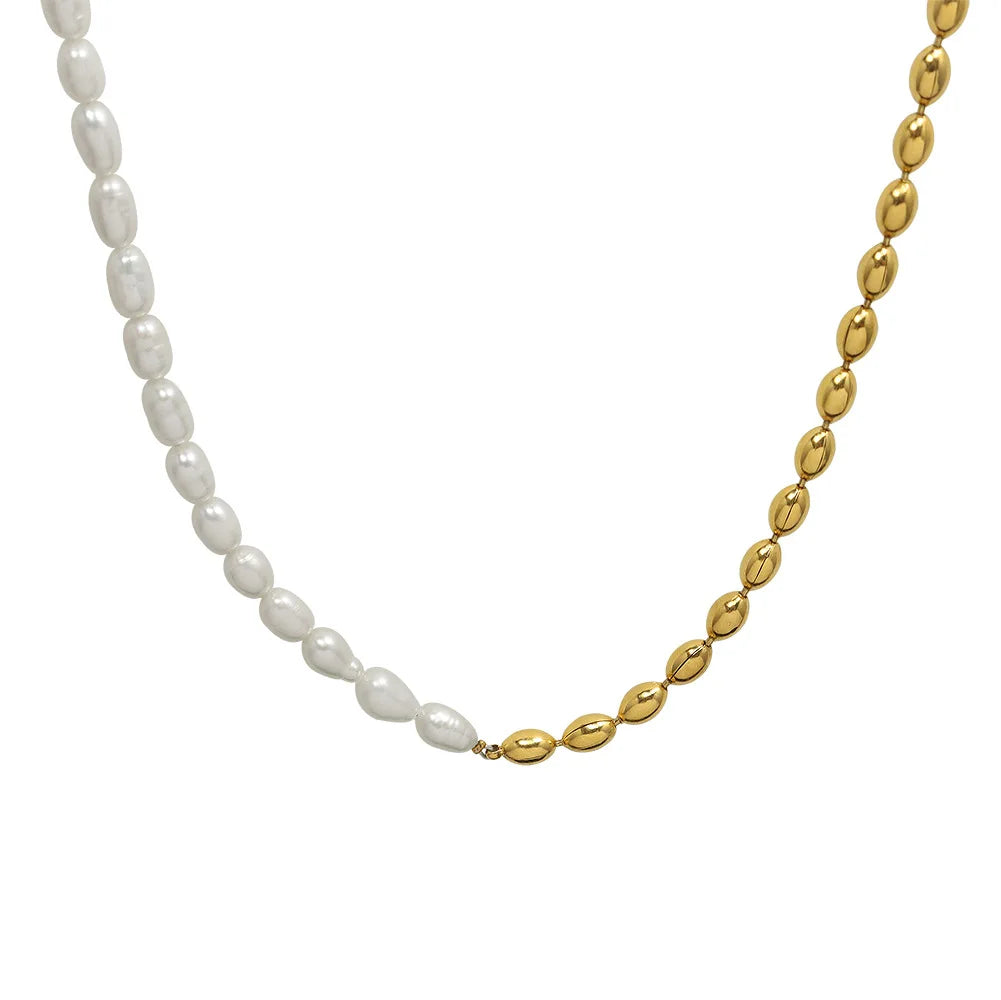 Minimalist 18K Gold Plated Half Freshwater Pearl Stainless Steel Half Oval Beaded Necklace Designs for Woman Party Gift