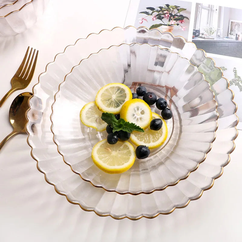 Handmade Eco-Friendly Chrysanthemum Shaped Glass Dinner Charger Plates Gold Rim Decorative Food Serving Glass Dishes