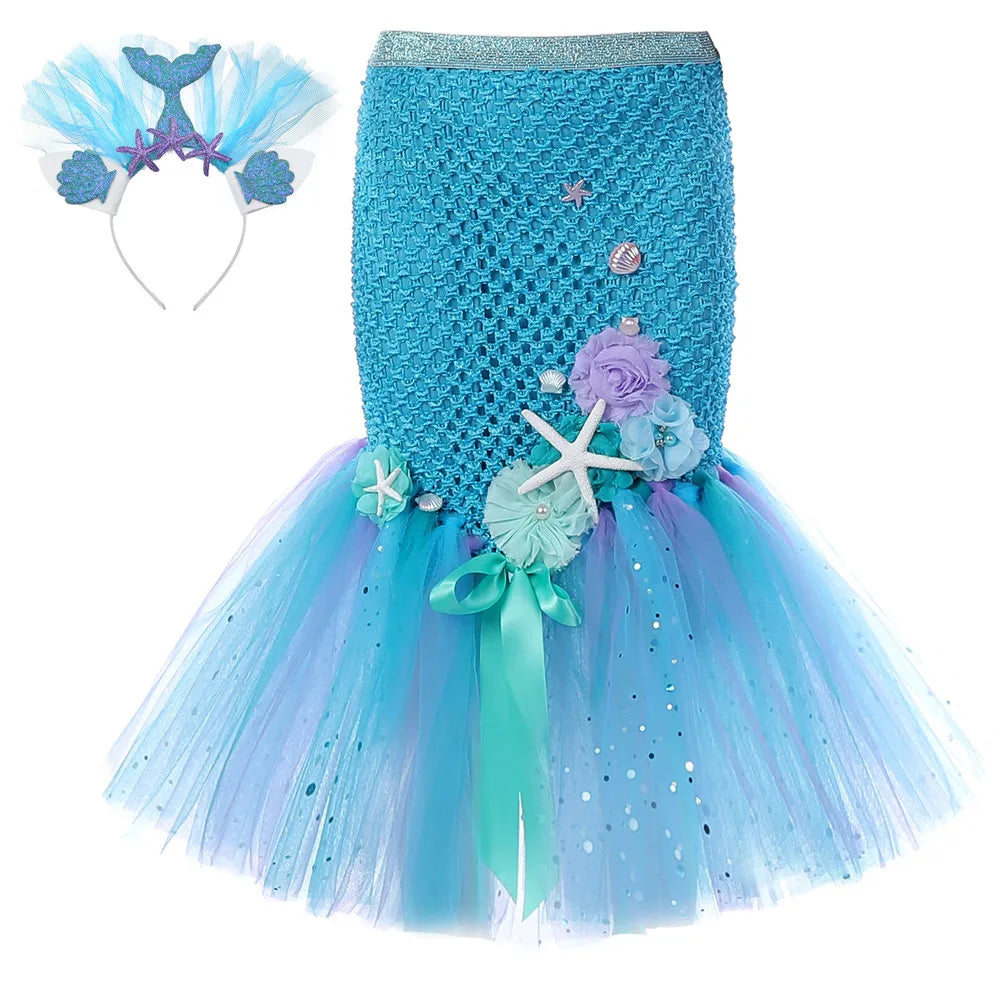 5 Colors Mermaid Dress for Girls With Headband A-Line Straight Long Mermaid Prom Dress Fish Tail Rave Outfit Kids Flower Clothes