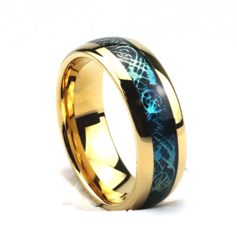 Poya 8mm Mens Colorful Celtic Dragon Domed Wedding Band Gold Plated Tungsten Ring