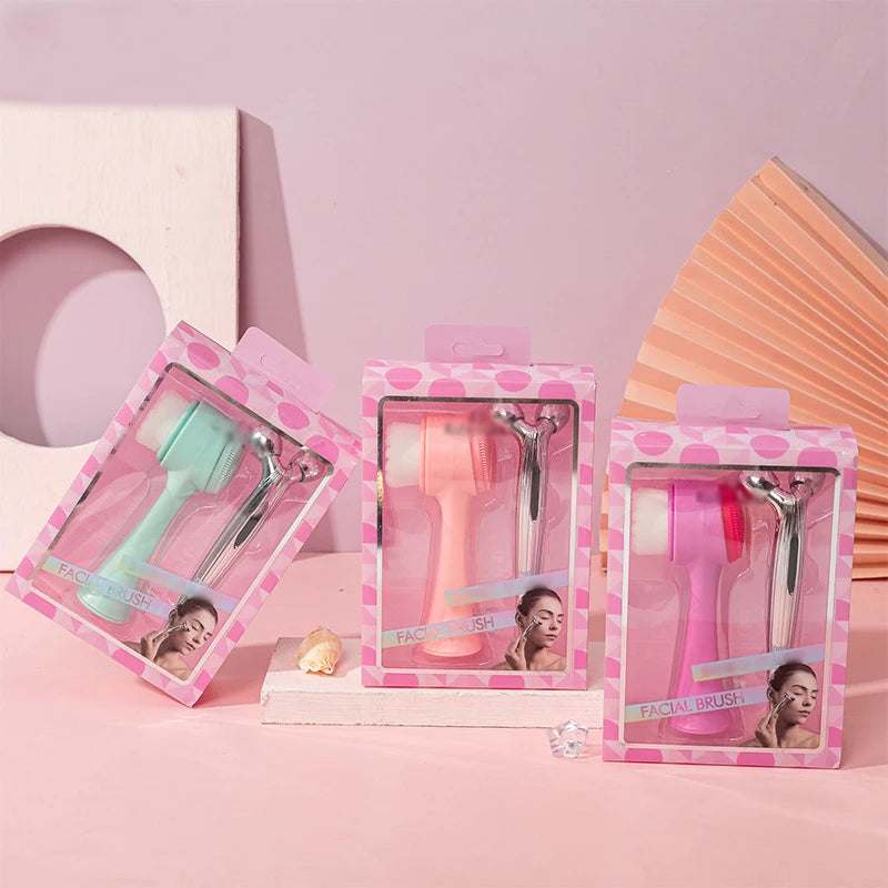 Wholesale Customization Facial Brush Massage Roller Set Combination 3D Massager Fiber Silicone Facial Brush