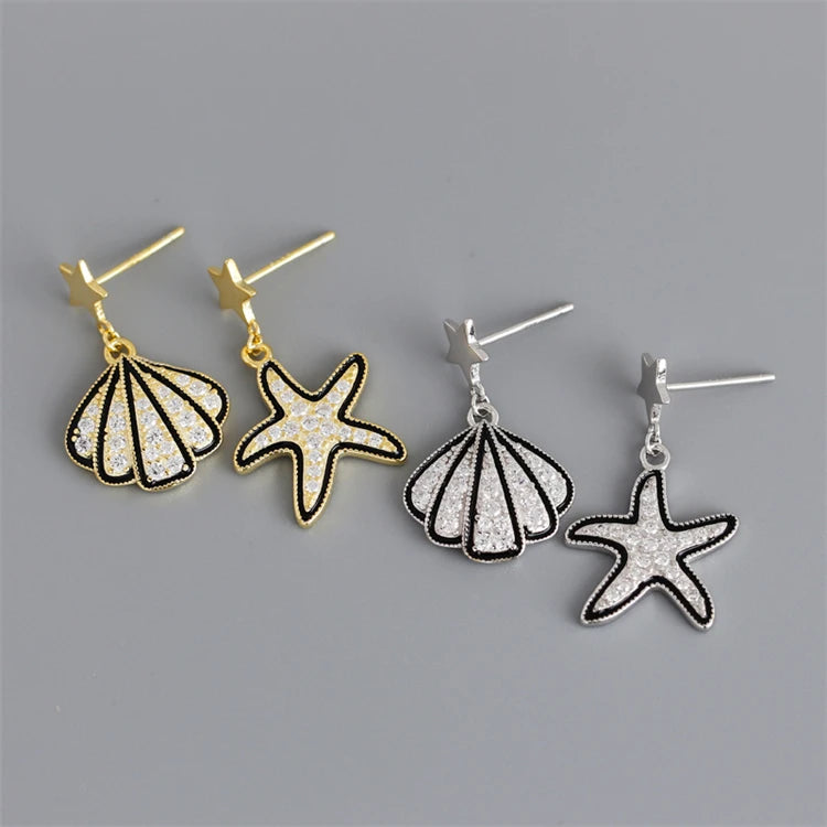 Luxury Shell Starfish 18k Gold 925 Sterling Silver Summer Seaside Fashion Stud Earrings for Women