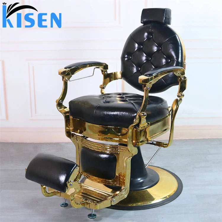 Antique Style Black Gold Tufted Leather Barber Shop Styling Shaving Chair Hydraulic Pump Round Base Hairdressing Chair for Sale