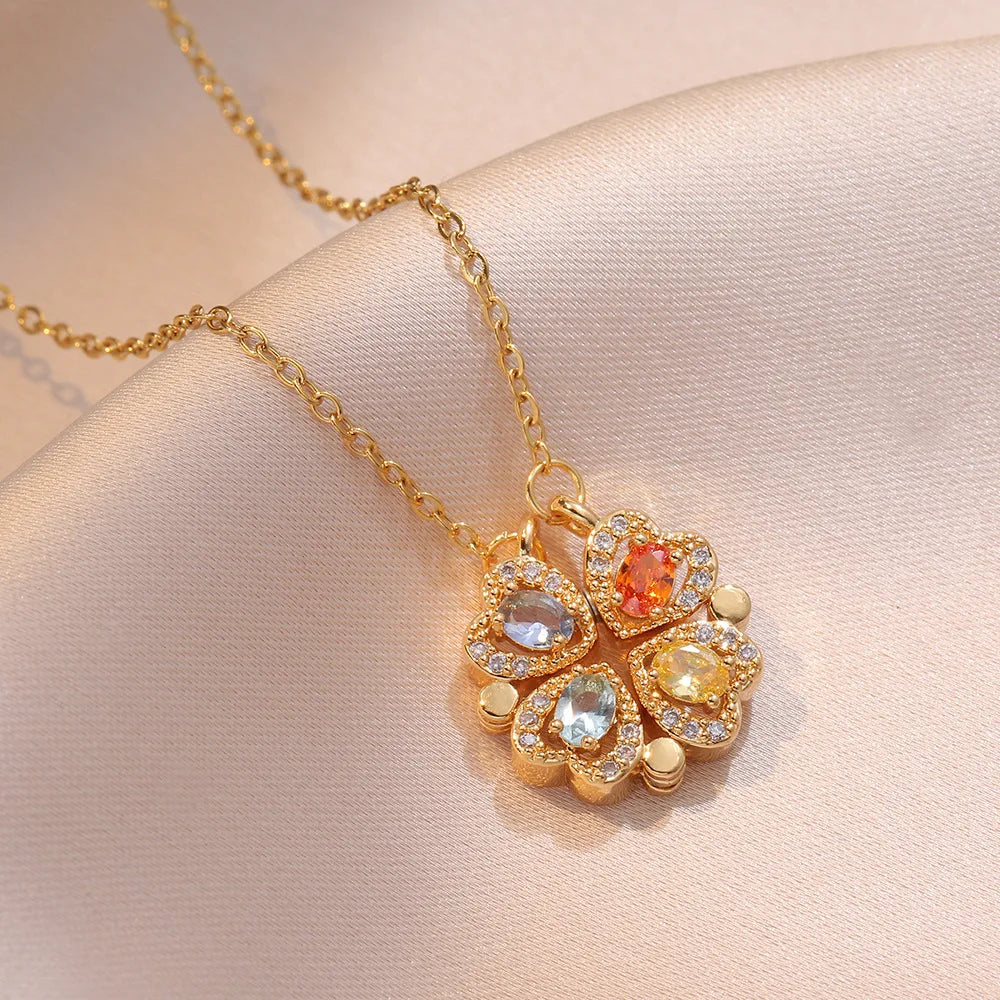 Color Oval Zircon Exquisite Stainless Steel Four Leaf Clover Flower Necklace Women Girl Magnet Heart Pendant Choker Jewelry Gift