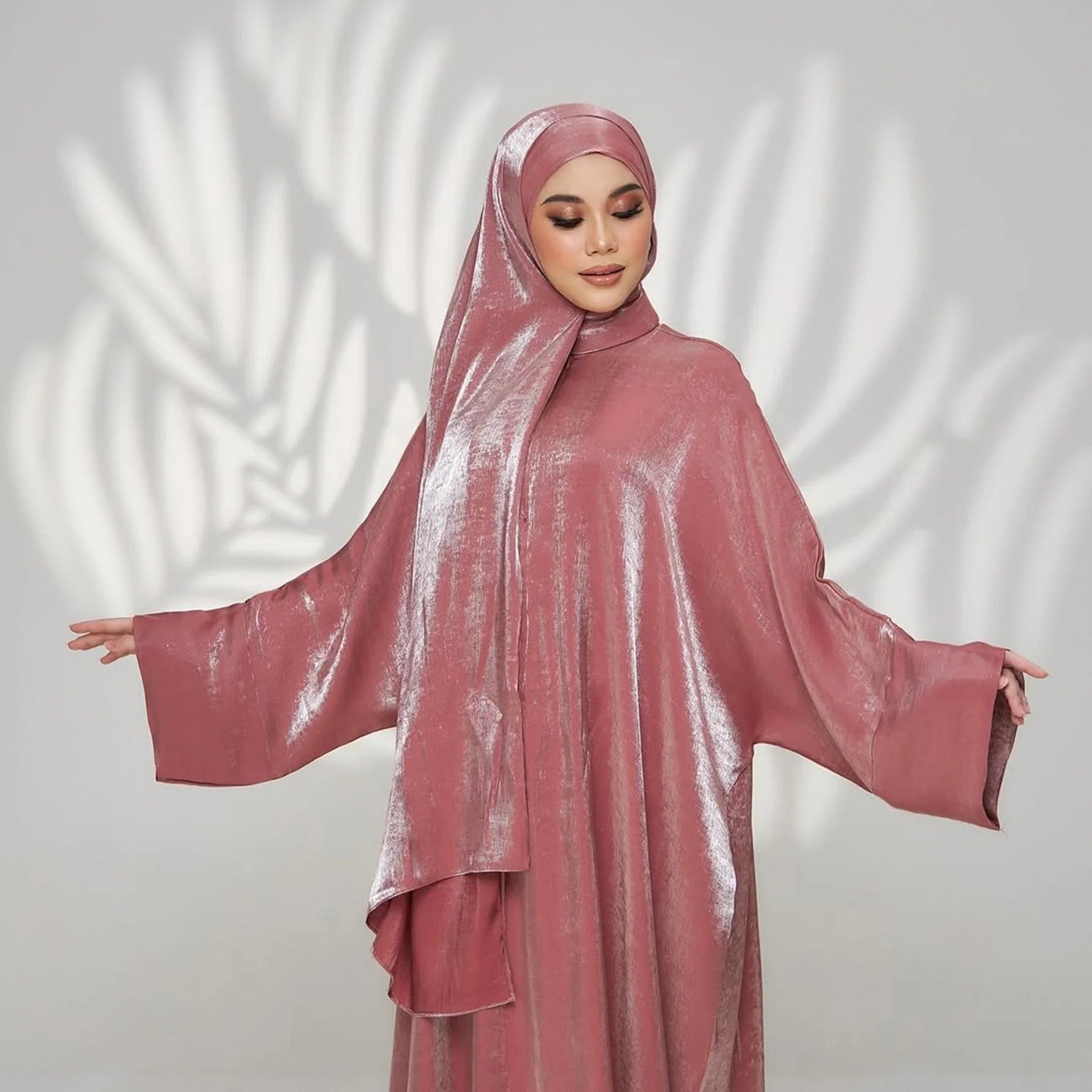 Modest Muslim Lady One Piece Prayer Abaya Dress With Scarf Solid Color Shining Material Casual Maxi Dresses Robe for Women L397