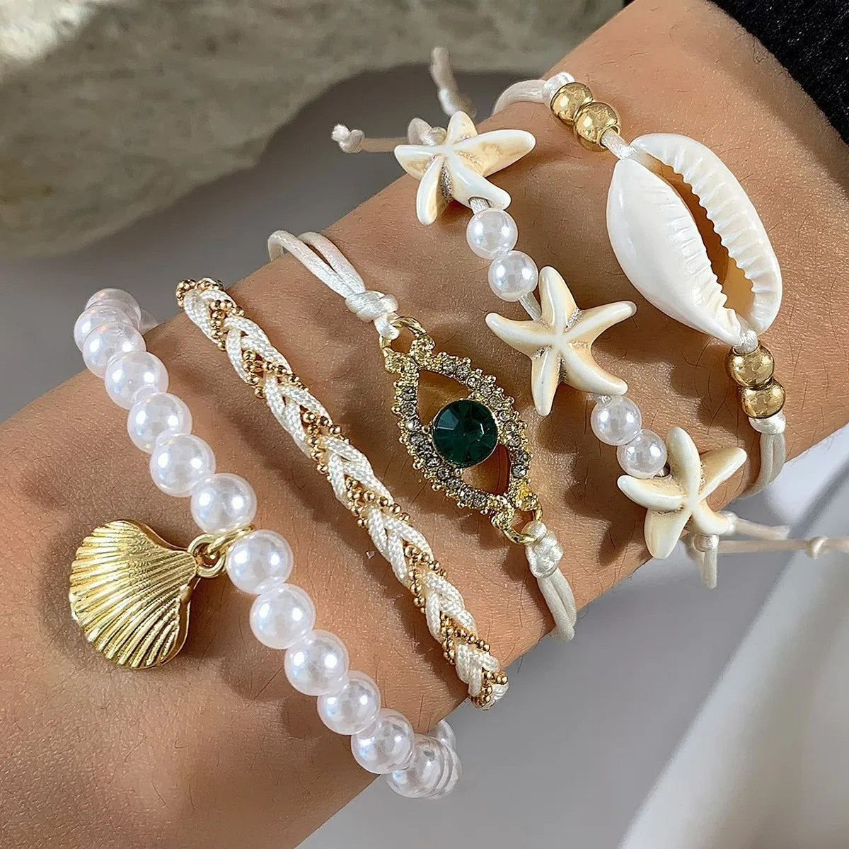 2025 Summer Bohemian Beach Style Imitation Pearl Evil Eye Shell Turquoise Starfish Bracelet Set for Women Men