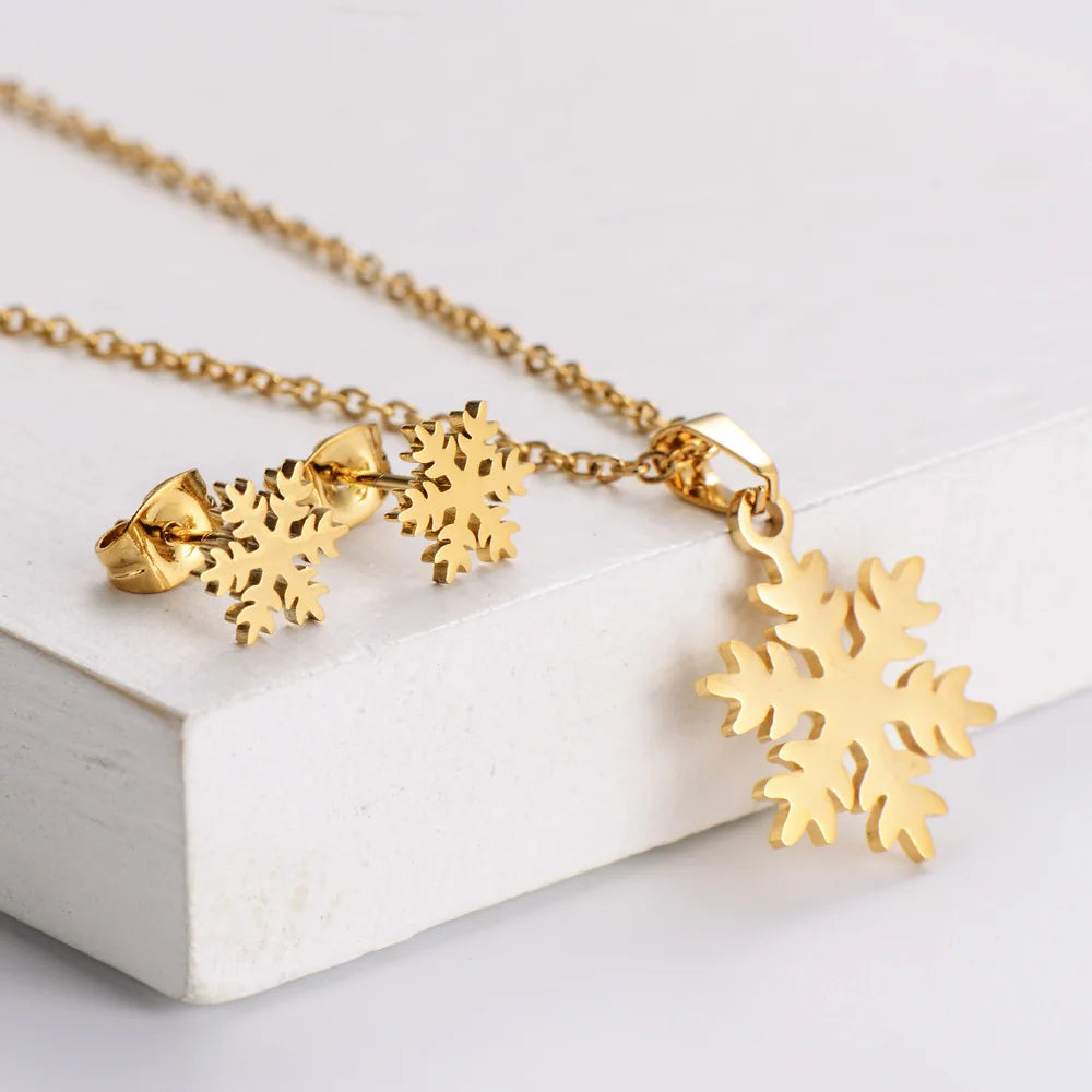 Real Engage 18k Gold Plated Stainless Steel Fashion Design Female Bridal Snowflake Jewelry Set for Wedding and Parties