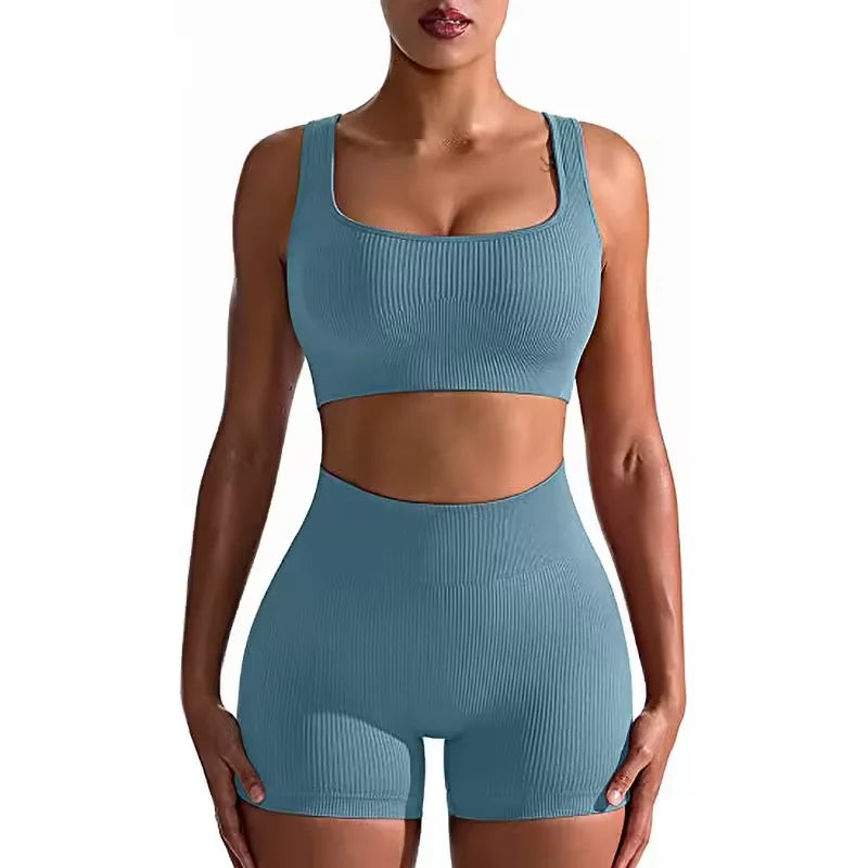 Best Seller 2 Piece Seamless Ribbed High Waist Leggings With Sports Bra Fitness Yoga Wear