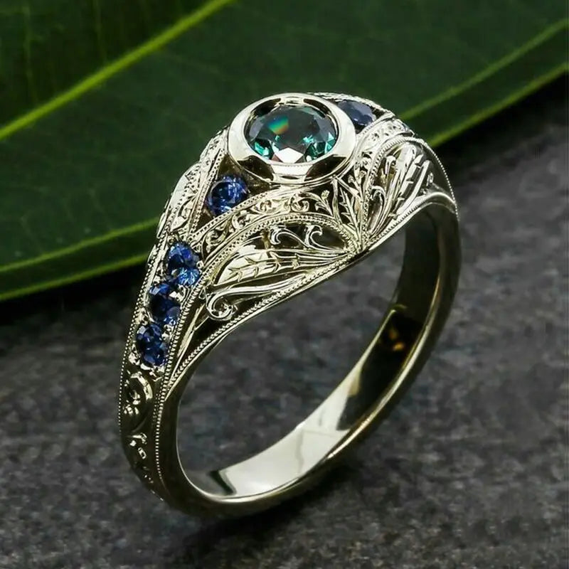 Huitan Fashion Trendy Silver Gold Color Magic Crystal Stone Promise Rings Blue Sapphire Round Finger Ladies Ring Women Jewelry