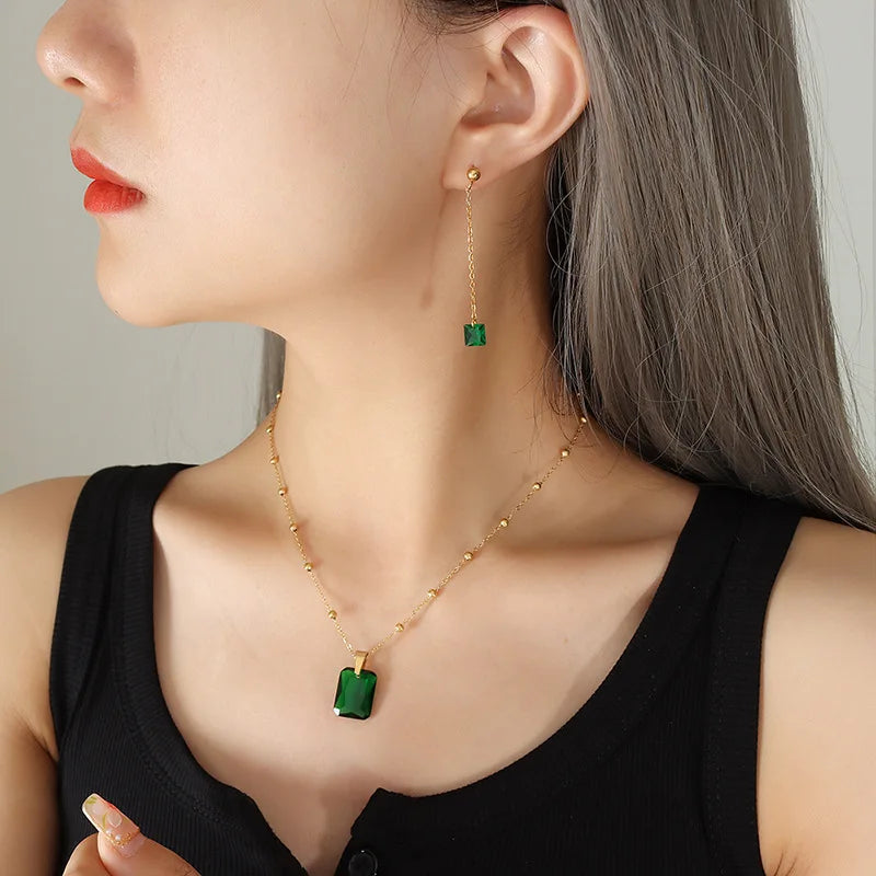 New Design Stainless Steel Chain Gemstone CZ Pendant Statement Necklace Earring Jewelry Set for Women P573